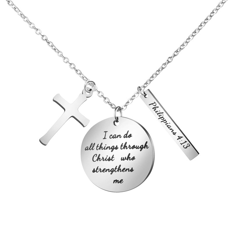 MEMGIFT Bible Verse Cross Pendant Christian Necklace Prayer Charm Faith Religious Jewelry for Women (I can do all things through Christ who strengthens me) - Image 1